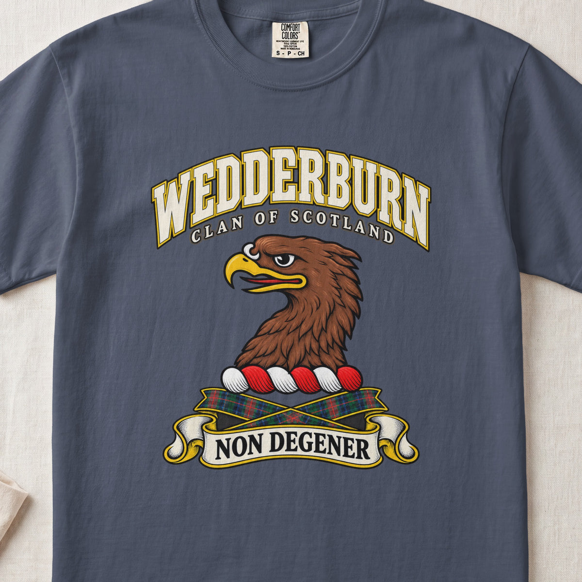 Wedderburn Scottish clan T-shirt in Midnight, front view with a brown eagle head and motto design.