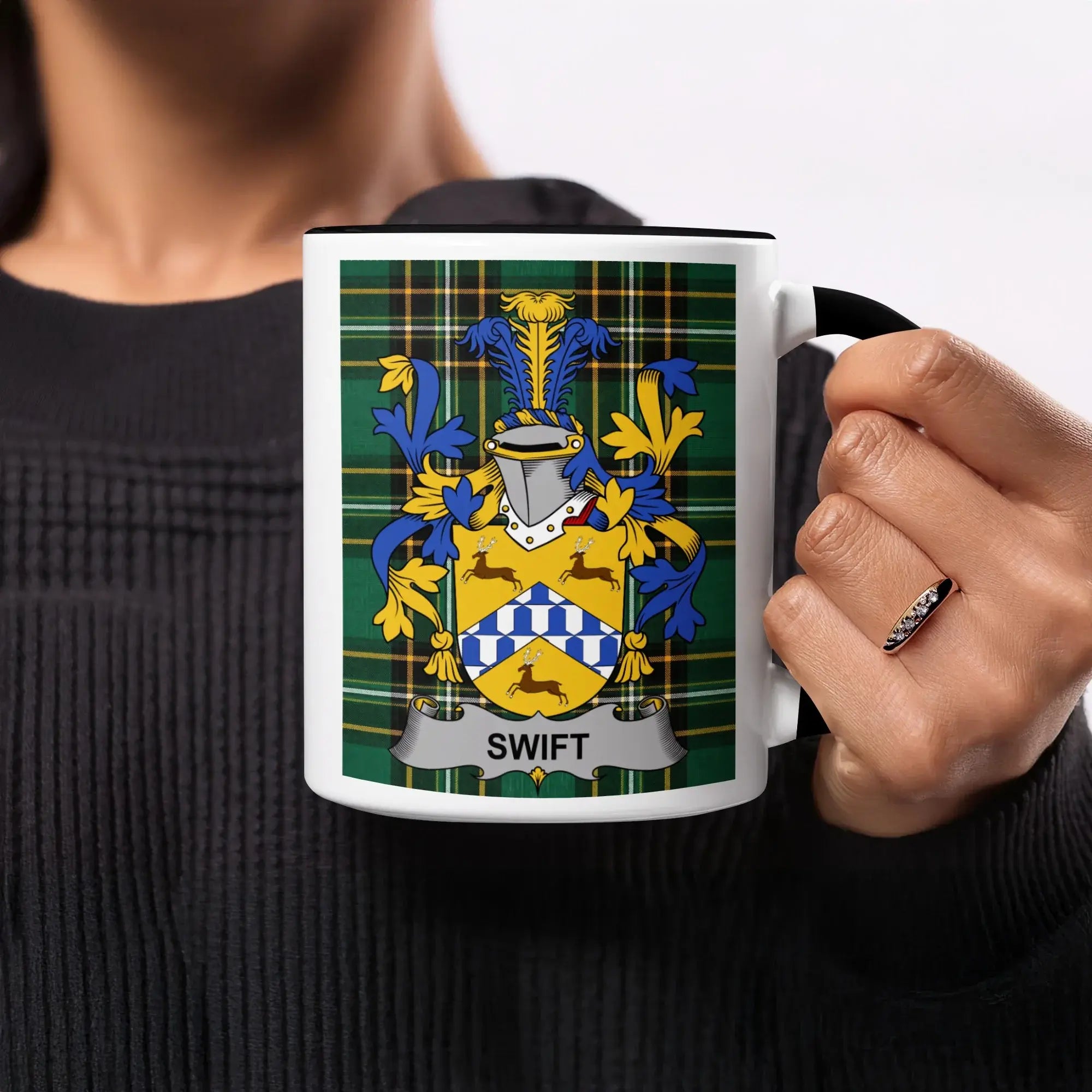 Swift black accent mug with Irish National Tartan crest design
