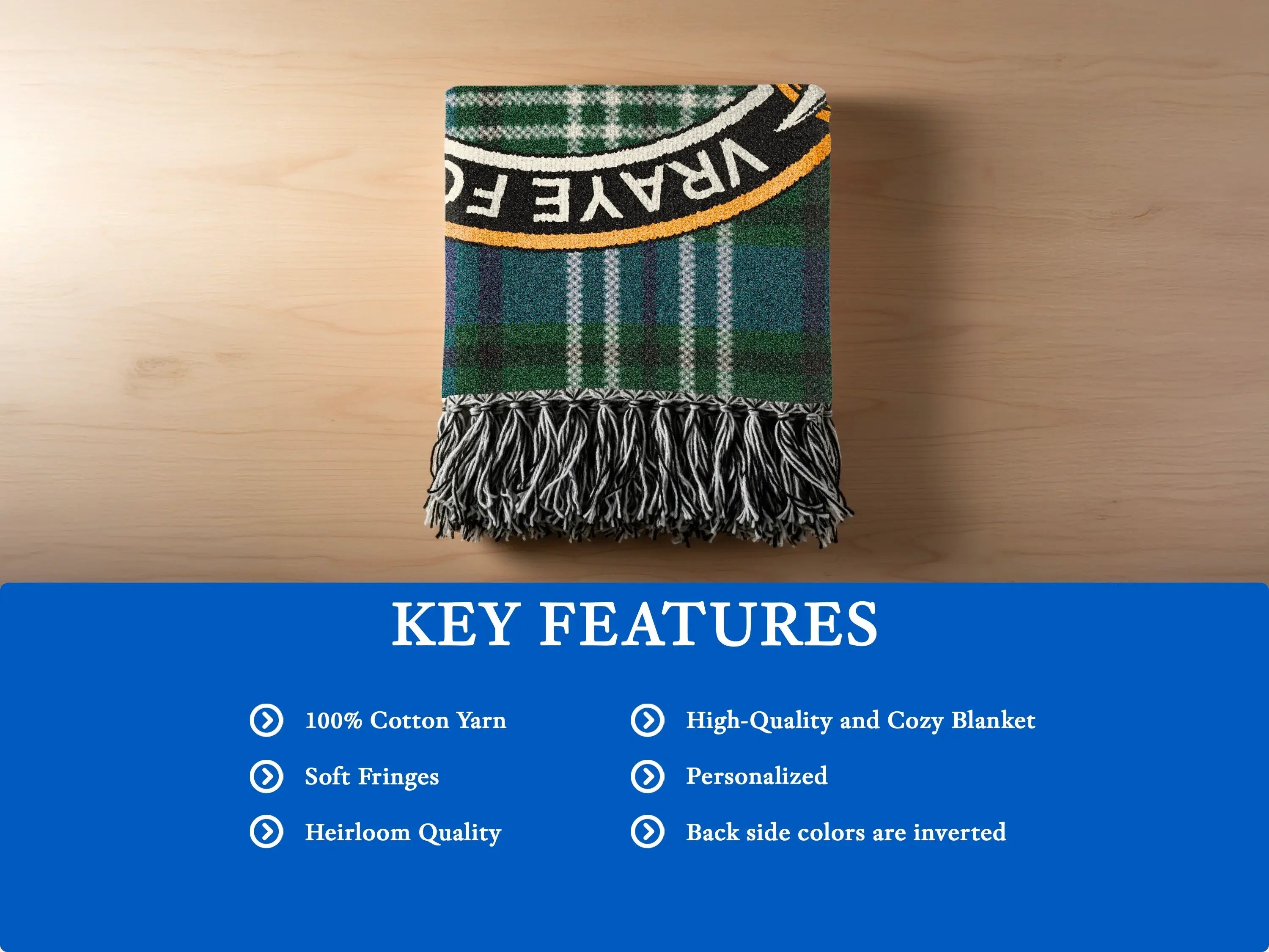 Clan Boswell heirloom woven blanket with soft cotton fringe edge — sofa display