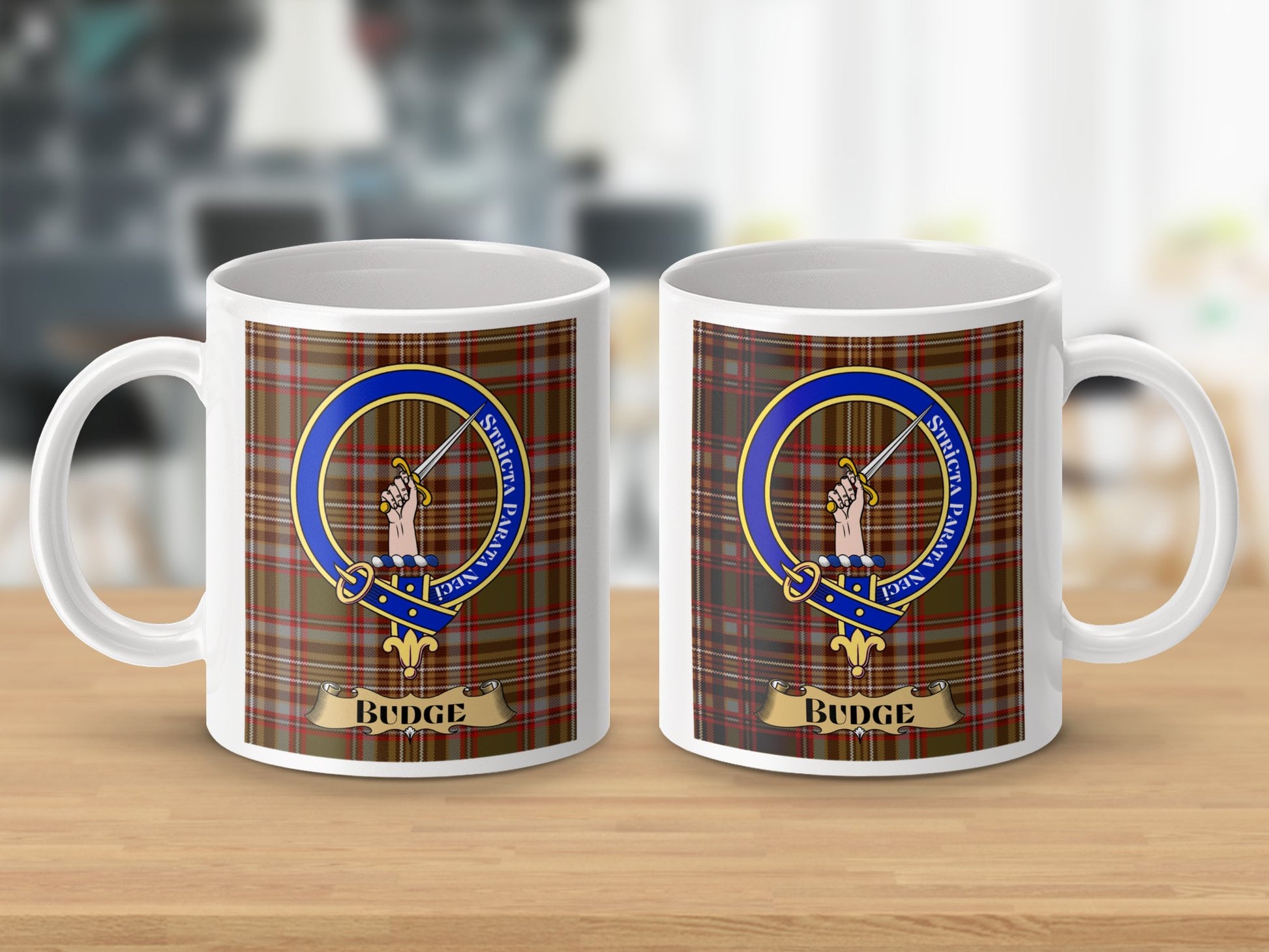 Budge Family Crest Design Tartan Pattern Mug - Living Stone Gifts