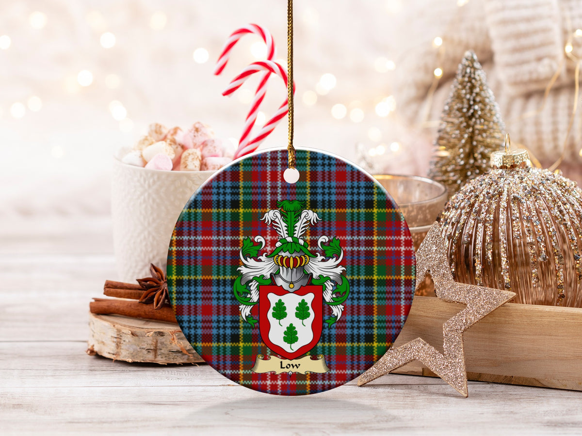 Double-sided Low ceramic ornament with family shield and Caledonia tartan background