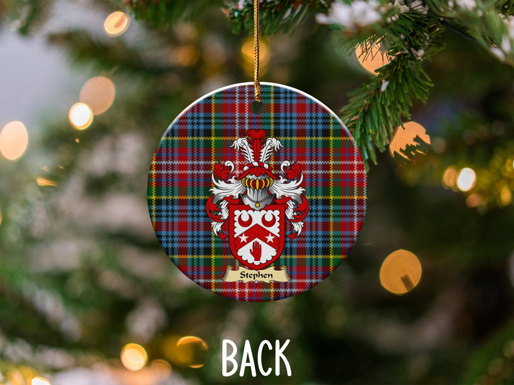 Stephen ceramic ornament detail showing a double-sided family shield on a Caledonia tartan background