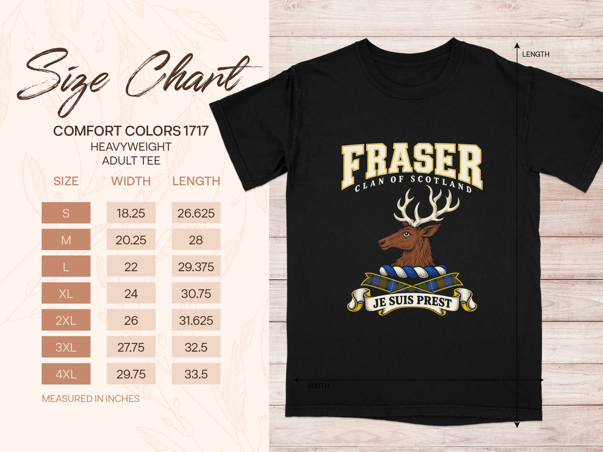 Comfort Colors 1717 size chart with shirt width and length in inches for sizes S to 4XL, beside the Fraser design.