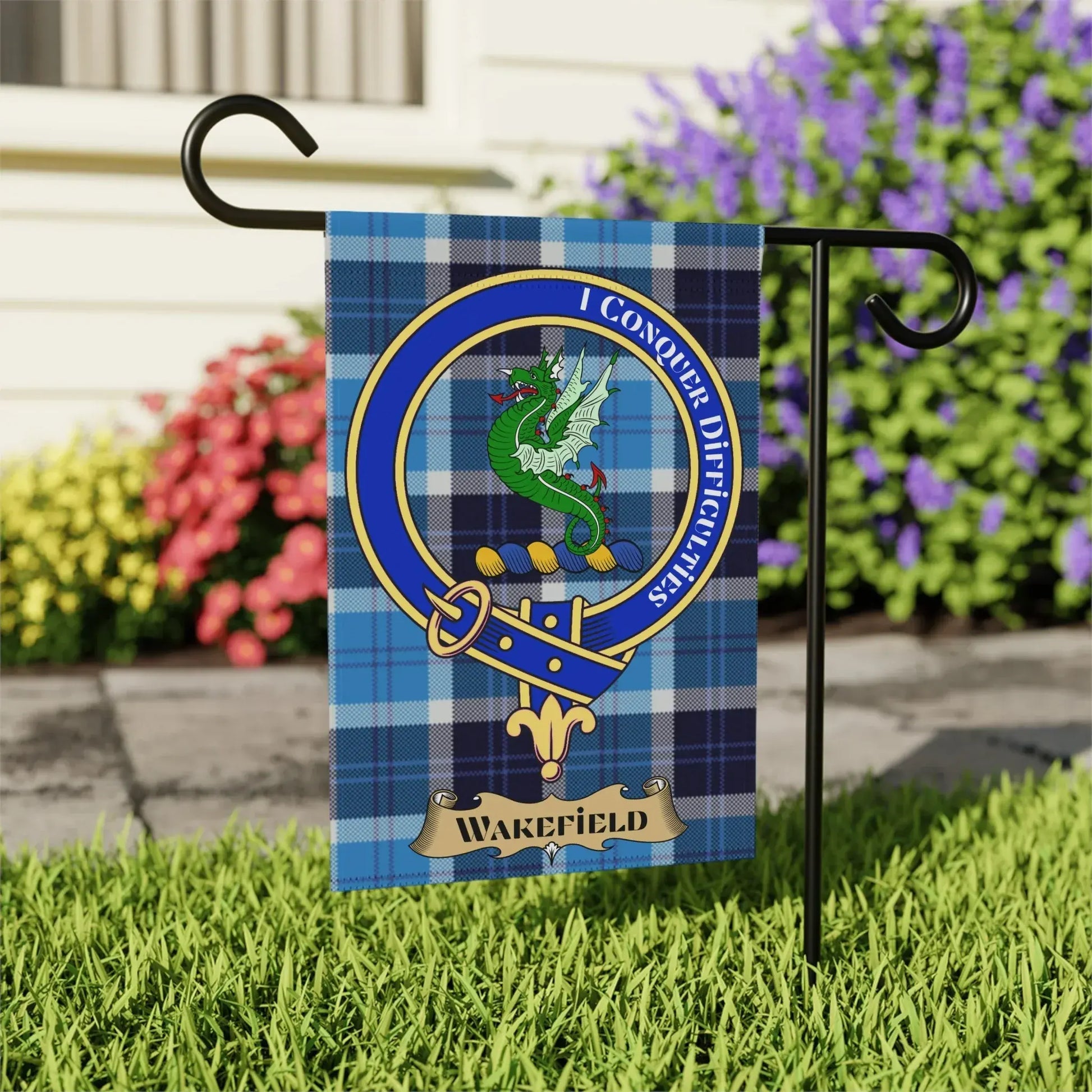 I Conquer Difficulties Crest Garden Flag product type