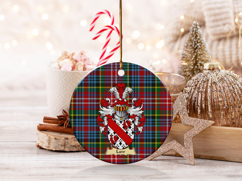 Double-sided Law ceramic ornament with family shield and Caledonia tartan background