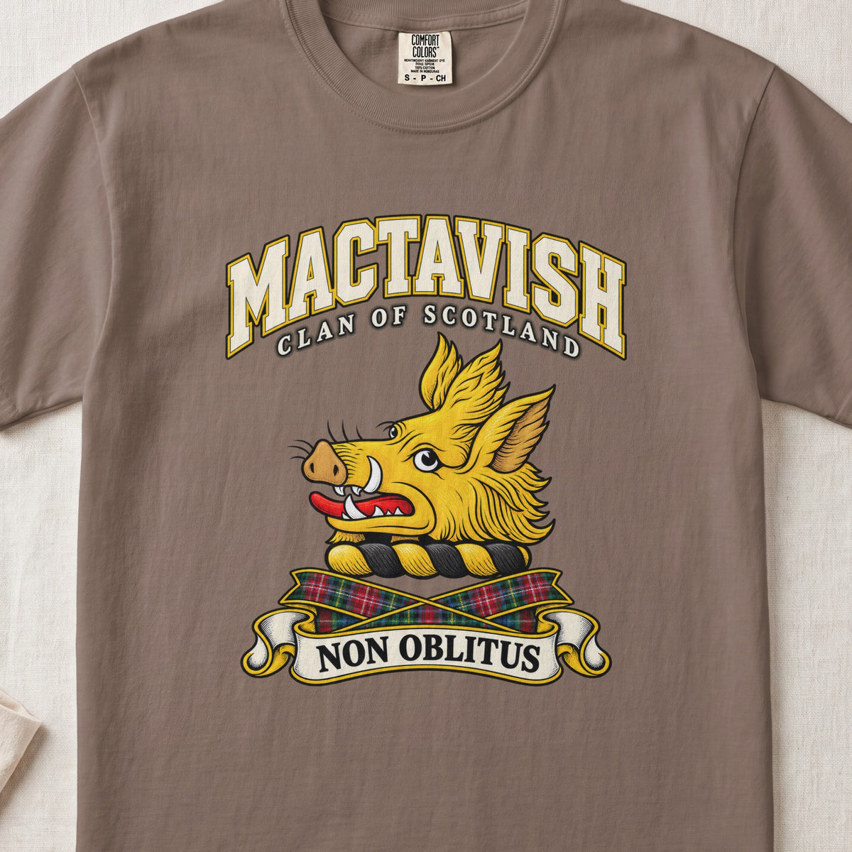 MacTavish Scottish clan T-shirt in Espresso, front view with a gold boar head and motto design.