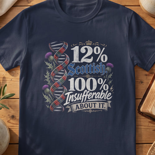Navy Gildan 64000 unisex T-shirt flatlay with 12% Scottish 100% Insufferable Scottish graphic design