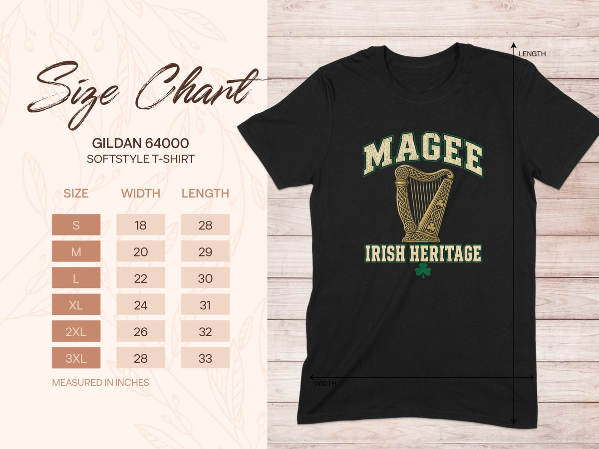 Magee Irish Heritage T-shirt size chart for Gildan 64000 unisex fit