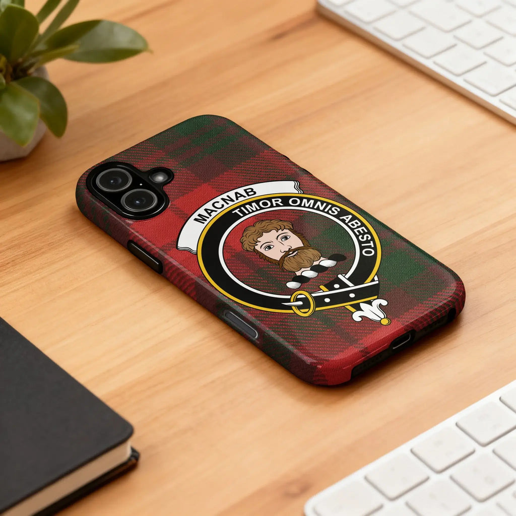 MacNab tartan crest case on Samsung Galaxy — edge-to-edge plaid wrap with clan crest design