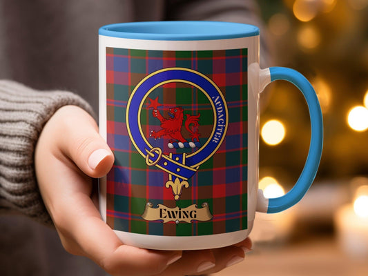 Scottish Clan Tartan Mug with Ewing Crest and Motto - Living Stone Gifts