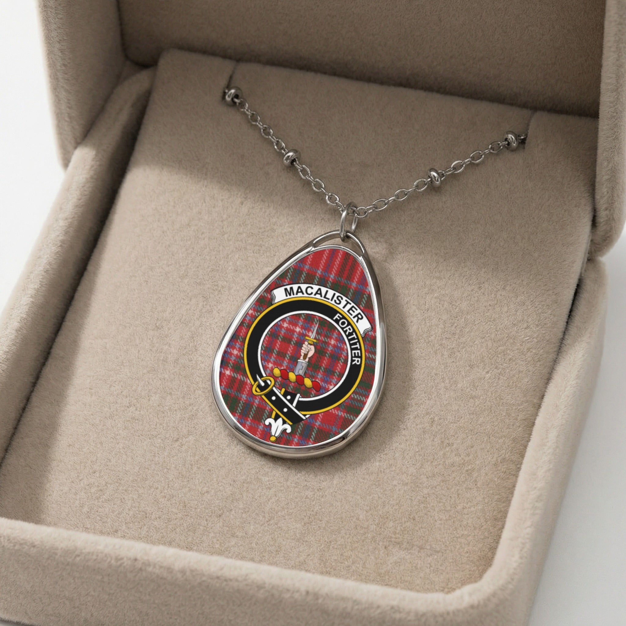 Macalister clan tartan necklace showing clan crest and Fortiter motto detail