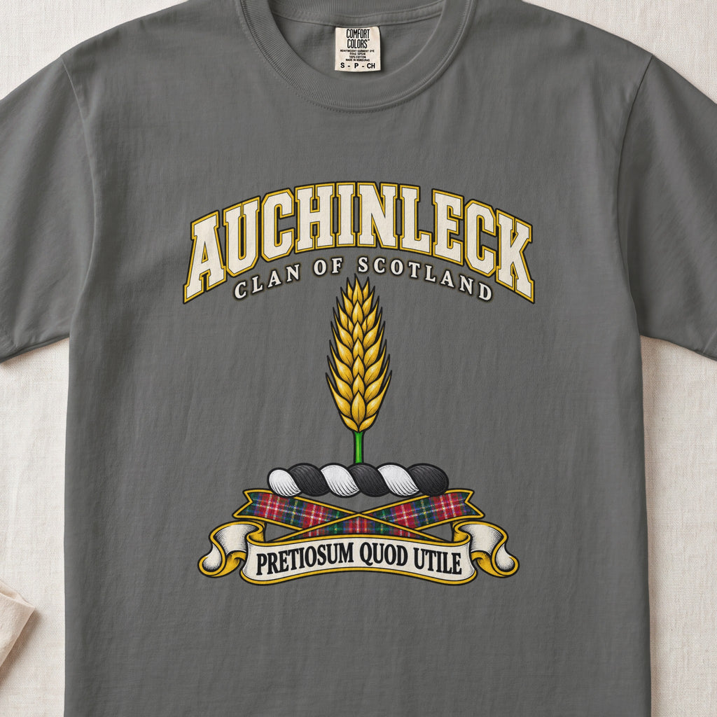 Auchinleck Scottish clan T-shirt in Pepper, front view with a golden ear of wheat and motto banner.
