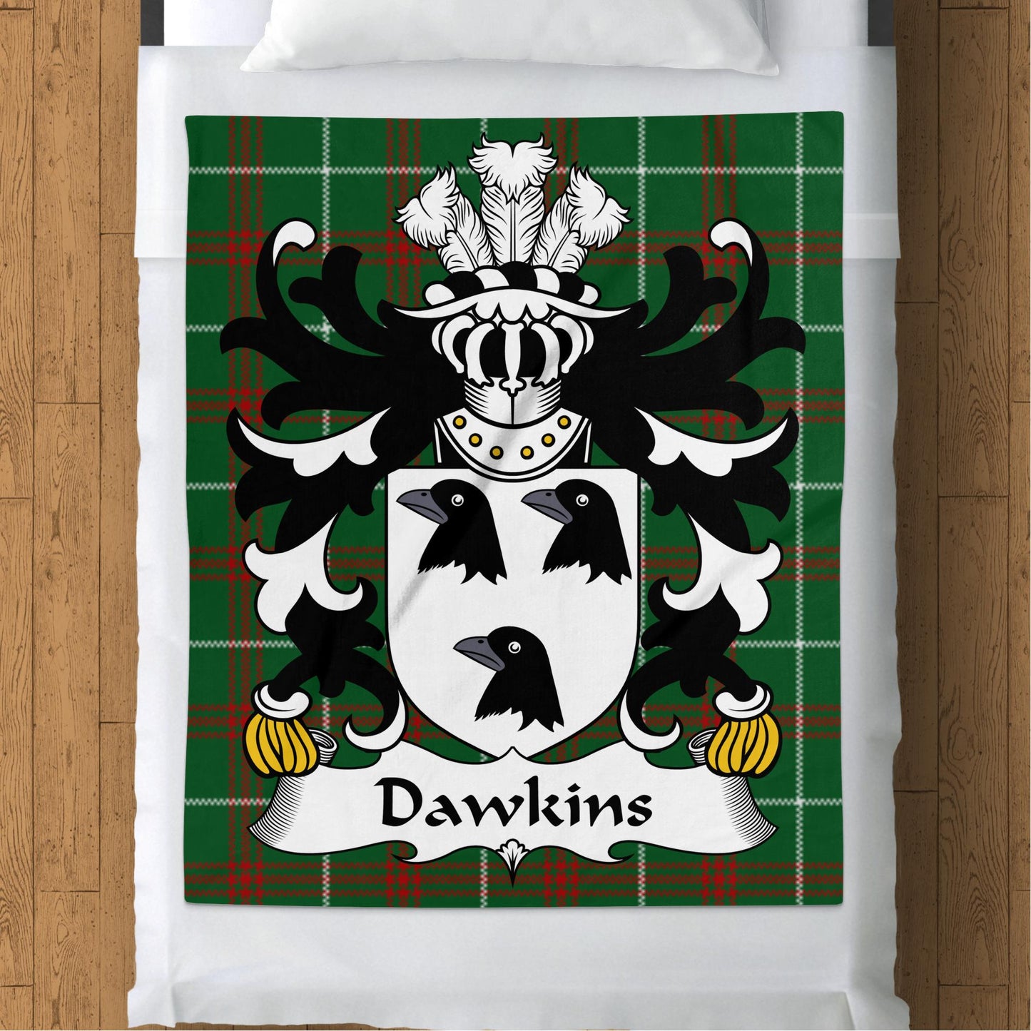 Dawkins Welsh Coat of Arms on National Tartan Background Blanket - Living Stone Gifts