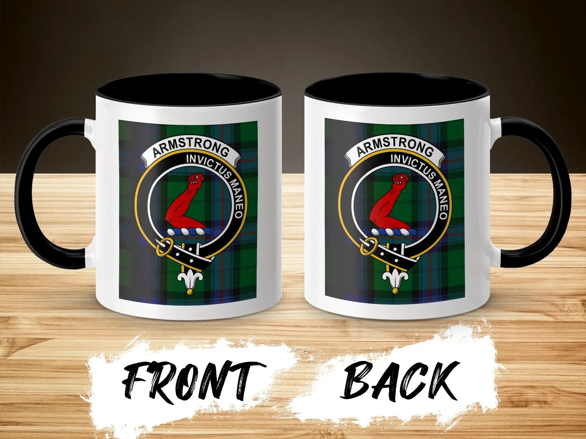 Two Armstrong tartan mugs showing front and back — clan crest and Invictus Maneo motto, 11oz and 15oz