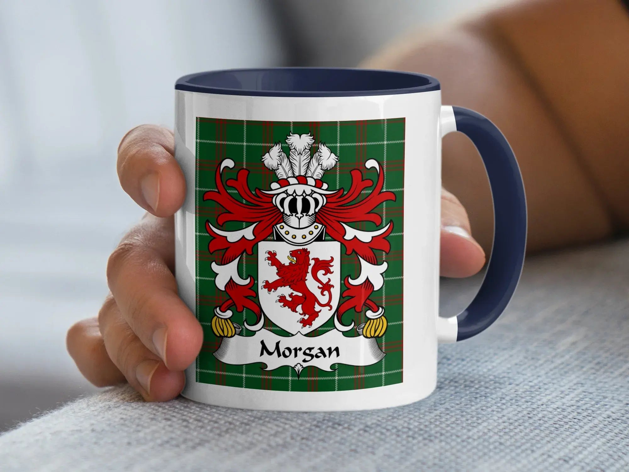 Morgan Welsh family crest mug with navy accent and tartan background