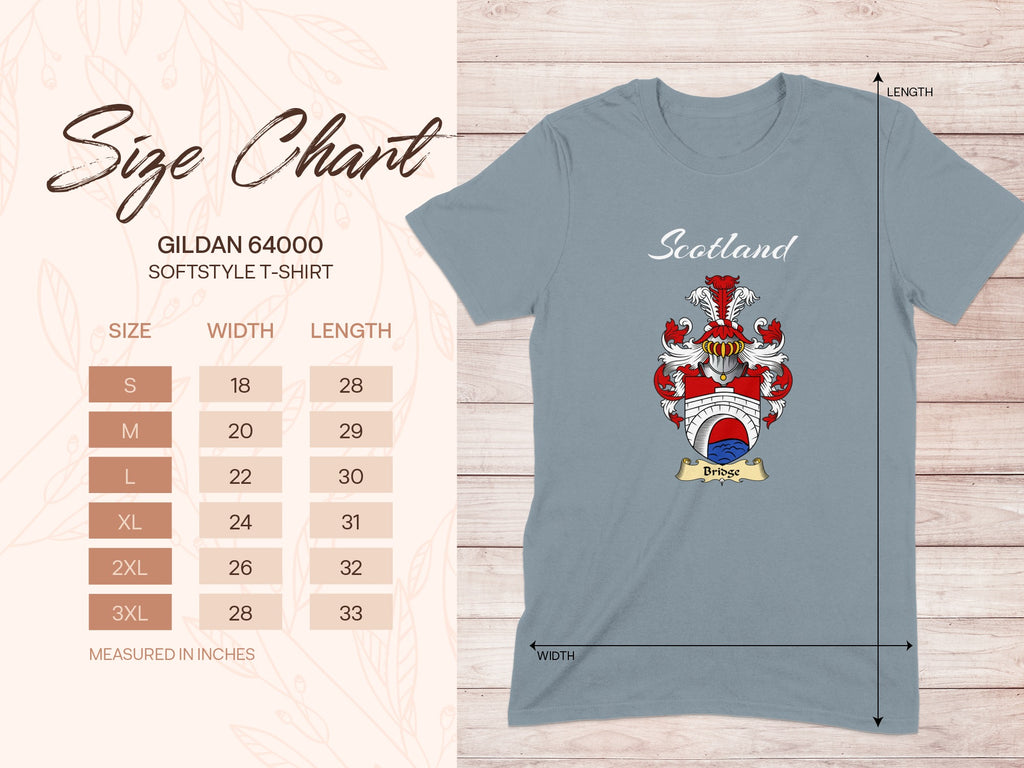 Gildan 64000 size chart for Bridge Scottish family shield T-shirt