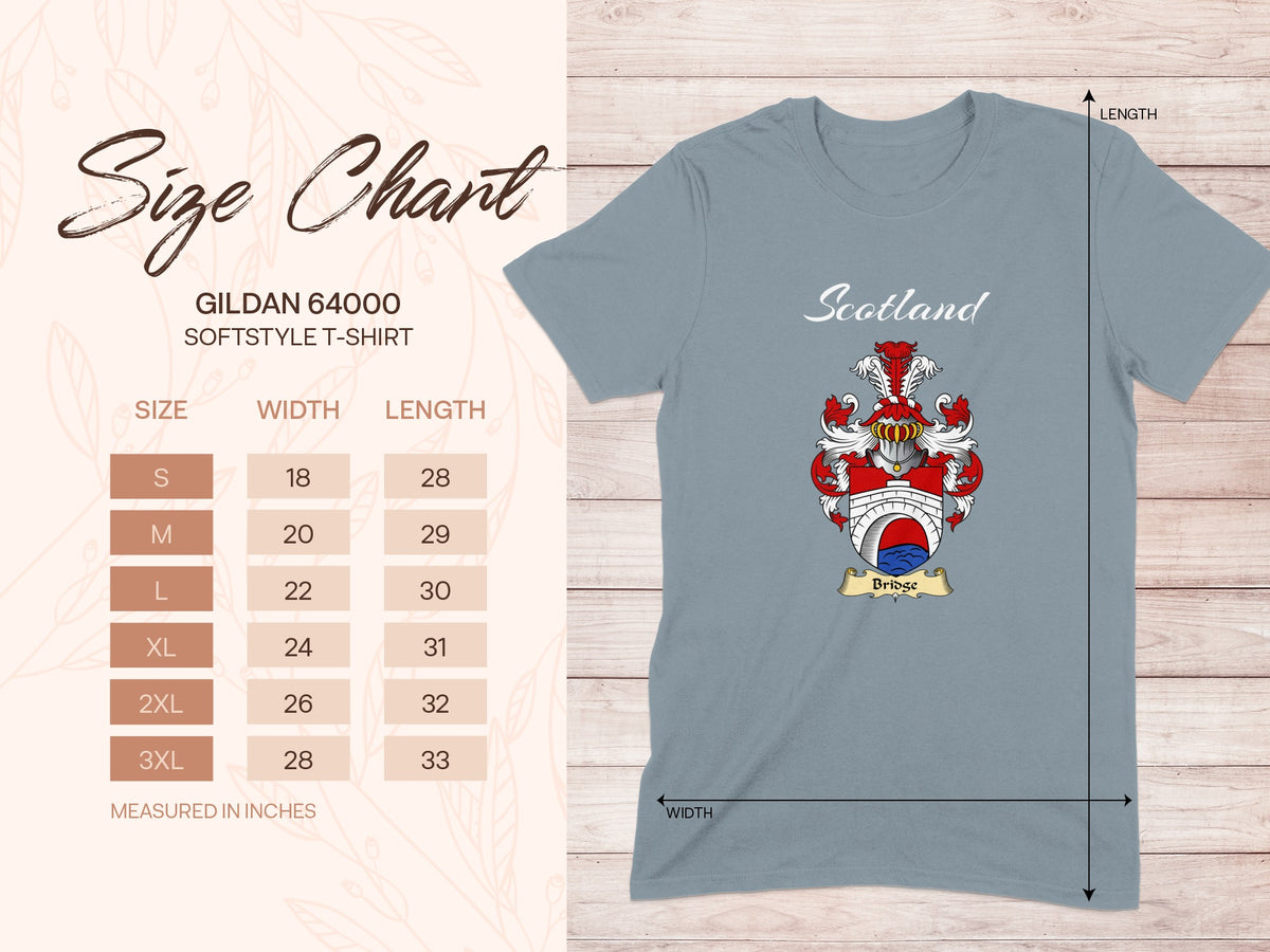 Gildan 64000 size chart for Bridge Scottish family shield T-shirt