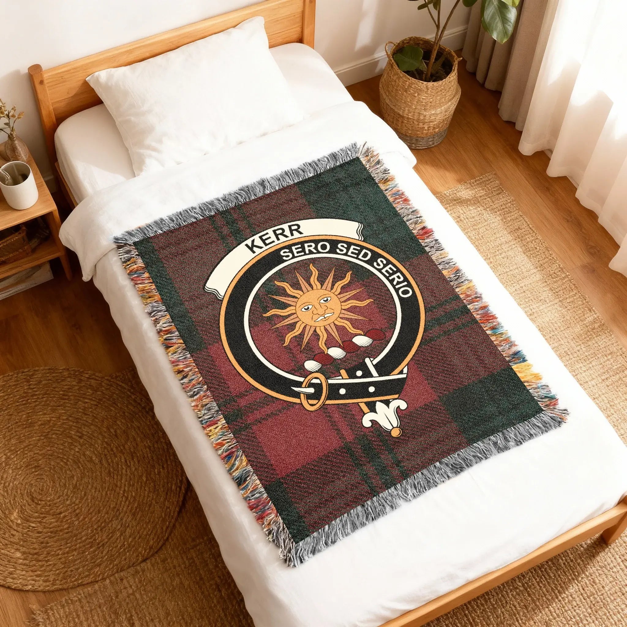 Kerr Sero Sed Serio family crest plaid woven blanket — fringe edges, 100% cotton
