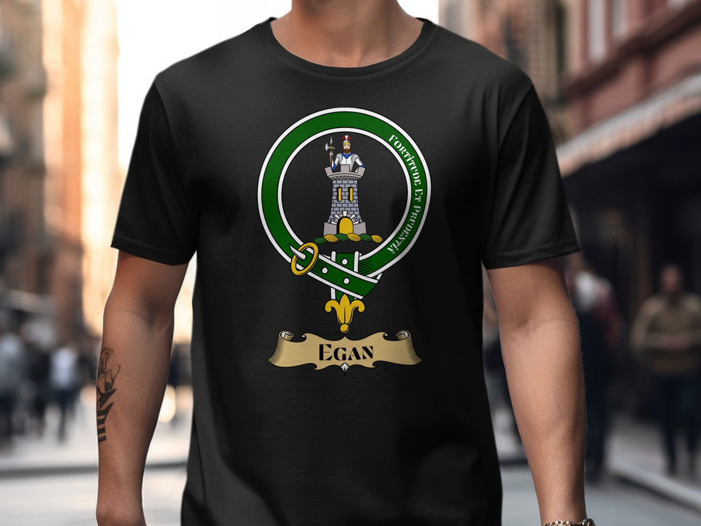 Egan Irish family crest design on black T-shirt