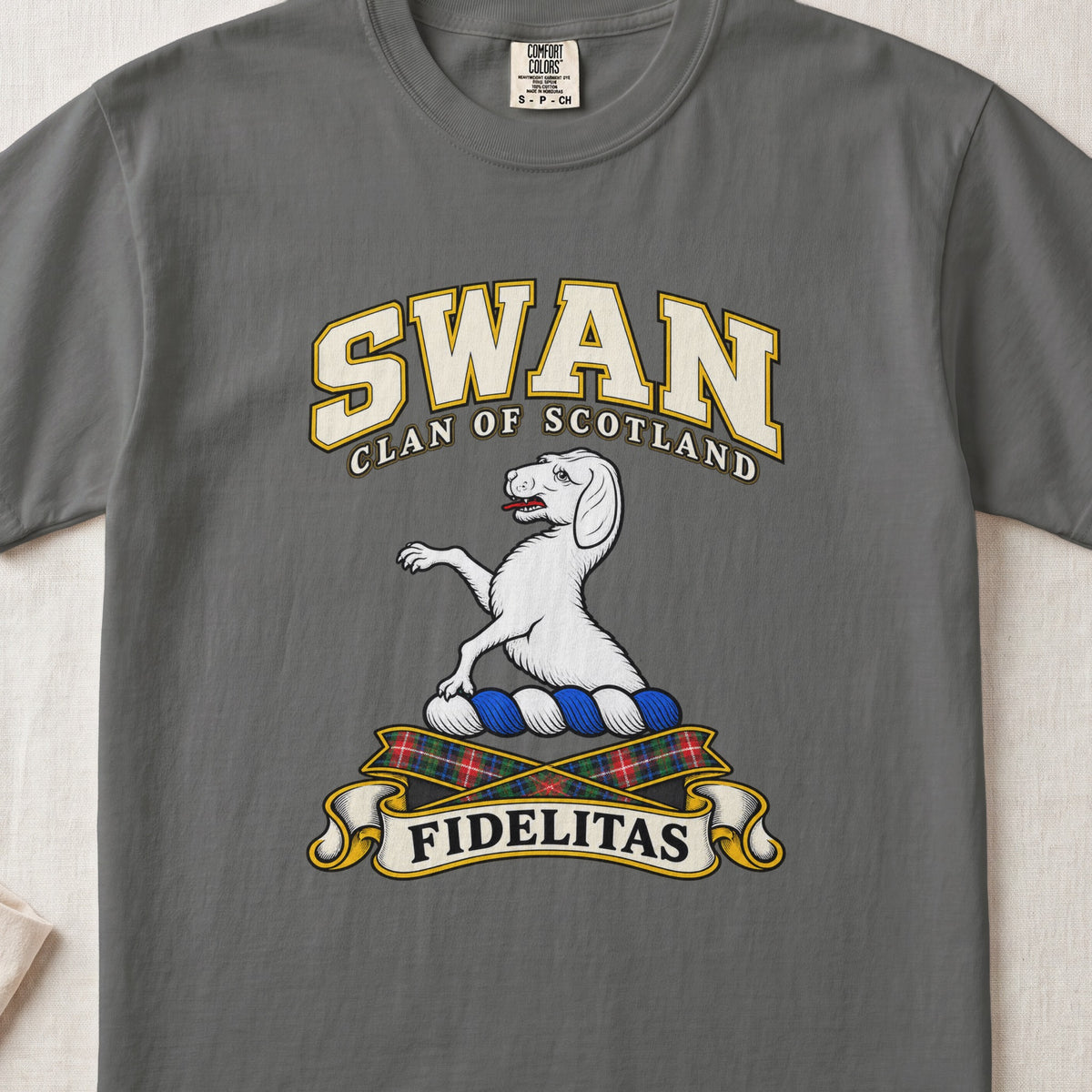 Swan Scottish clan T-shirt in Pepper, front view with a white hound with raised forelegs and motto banner.