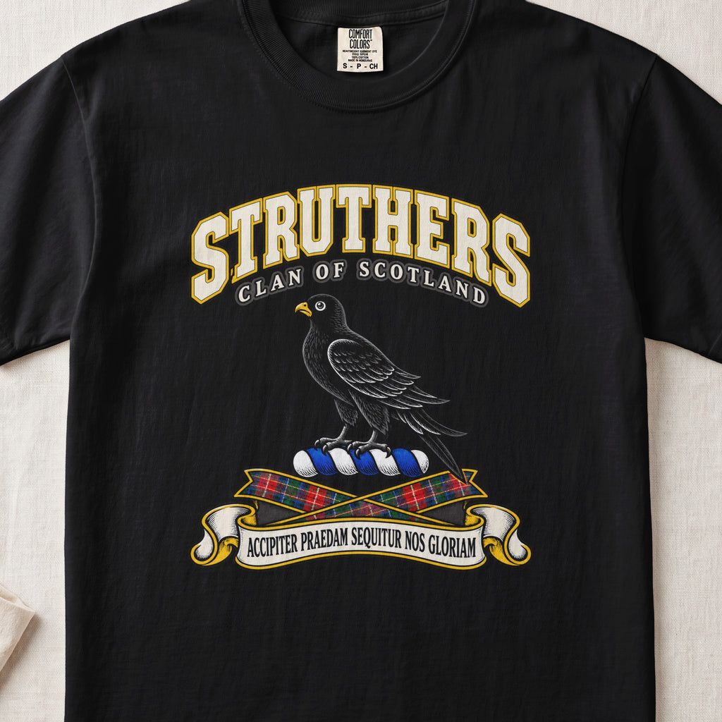 Struthers Scottish clan T-shirt in Black, front view with a black bird with a golden beak and motto design.