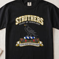 Struthers Scottish clan T-shirt in Black, front view with a black bird with a golden beak and motto design.