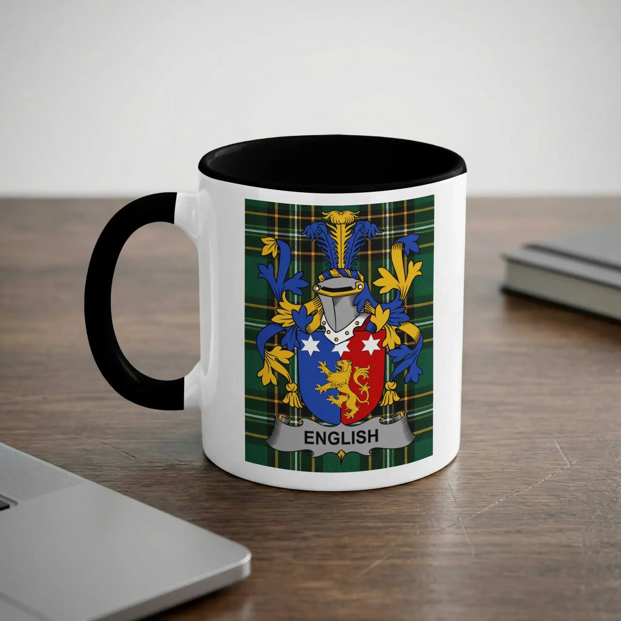 White mug with black interior displaying the English coat of arms.