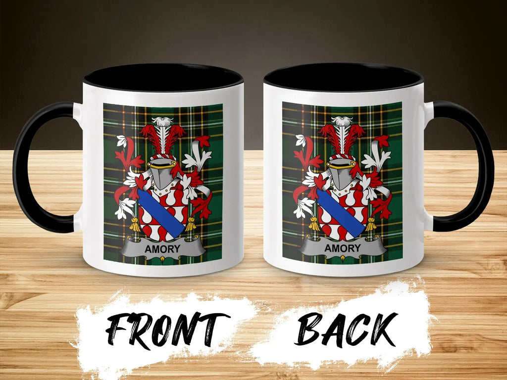 Mug with Amory coat of arms on front and back, against wooden background.