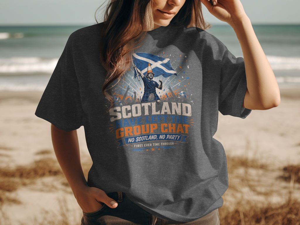 Dark gray t-shirt with "Scotland Have Left The Group Chat" text and Scottish flag.
