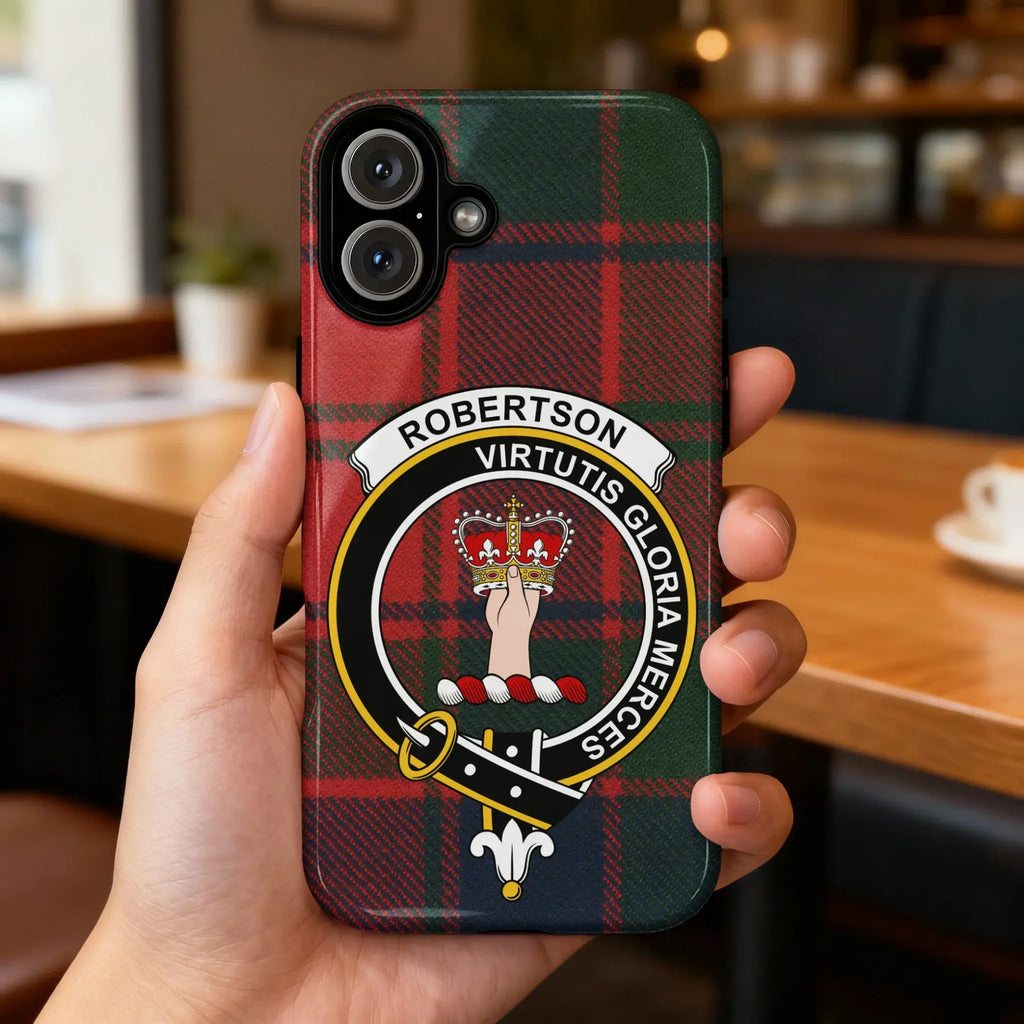Clan Robertson tartan case back view — full crest and plaid design on glossy surface