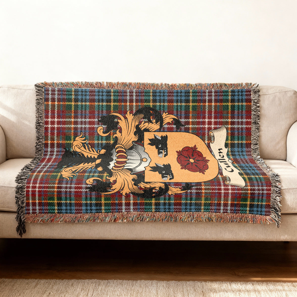 Cullen Scottish woven blanket with family shield and Caledonia tartan background