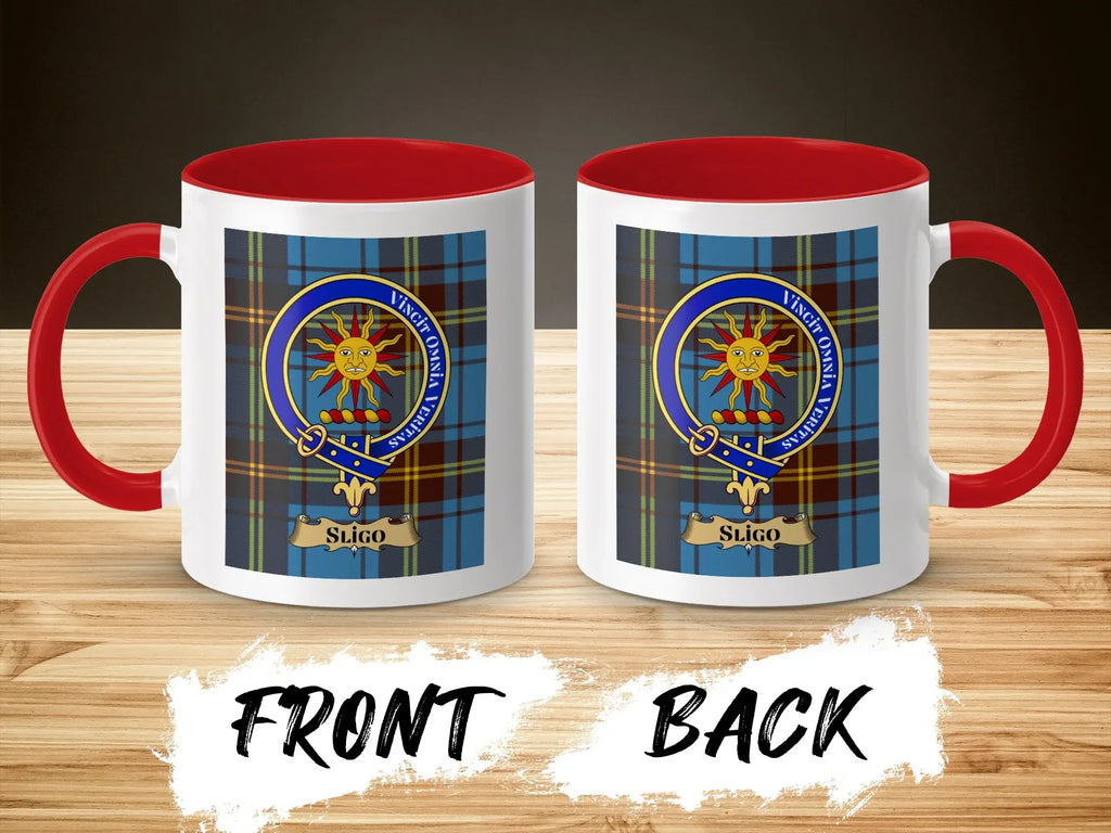 Sligo tartan-background crest mug shown as a heritage gift