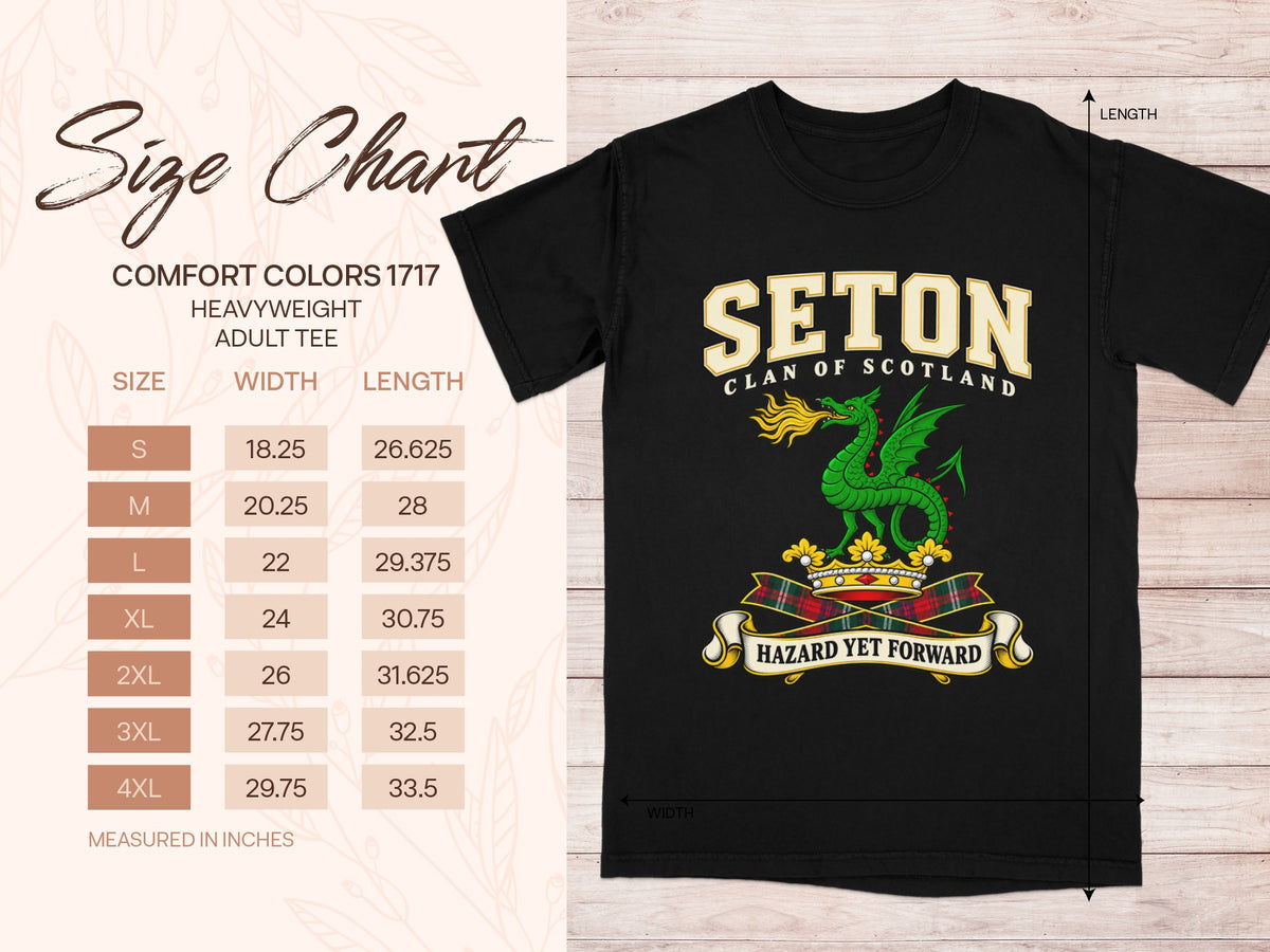 Seton Comfort Colors 1717 T-shirt size chart with black shirt illustration