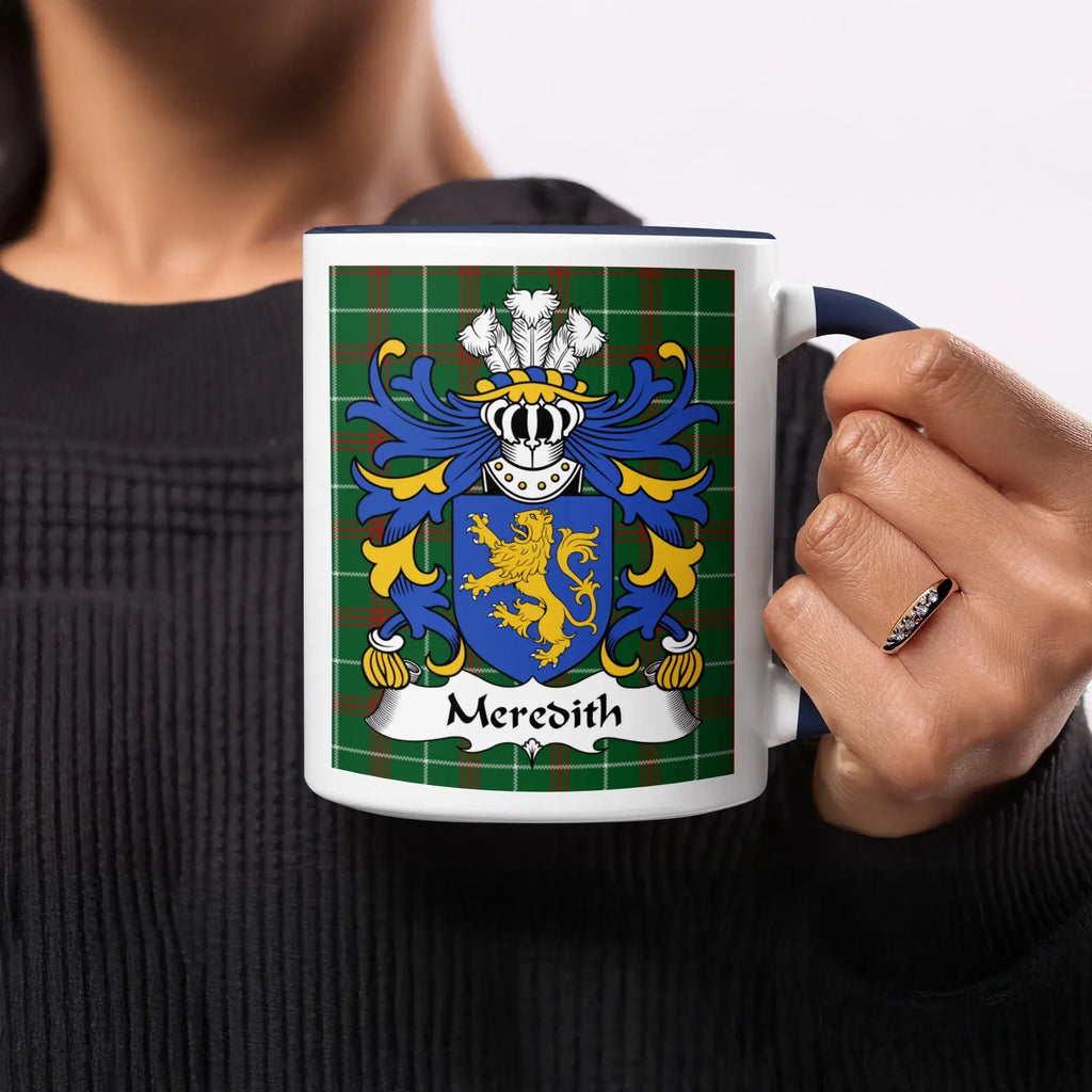 Meredith Welsh ancestry gift mug with blue and gold lion crest on green tartan