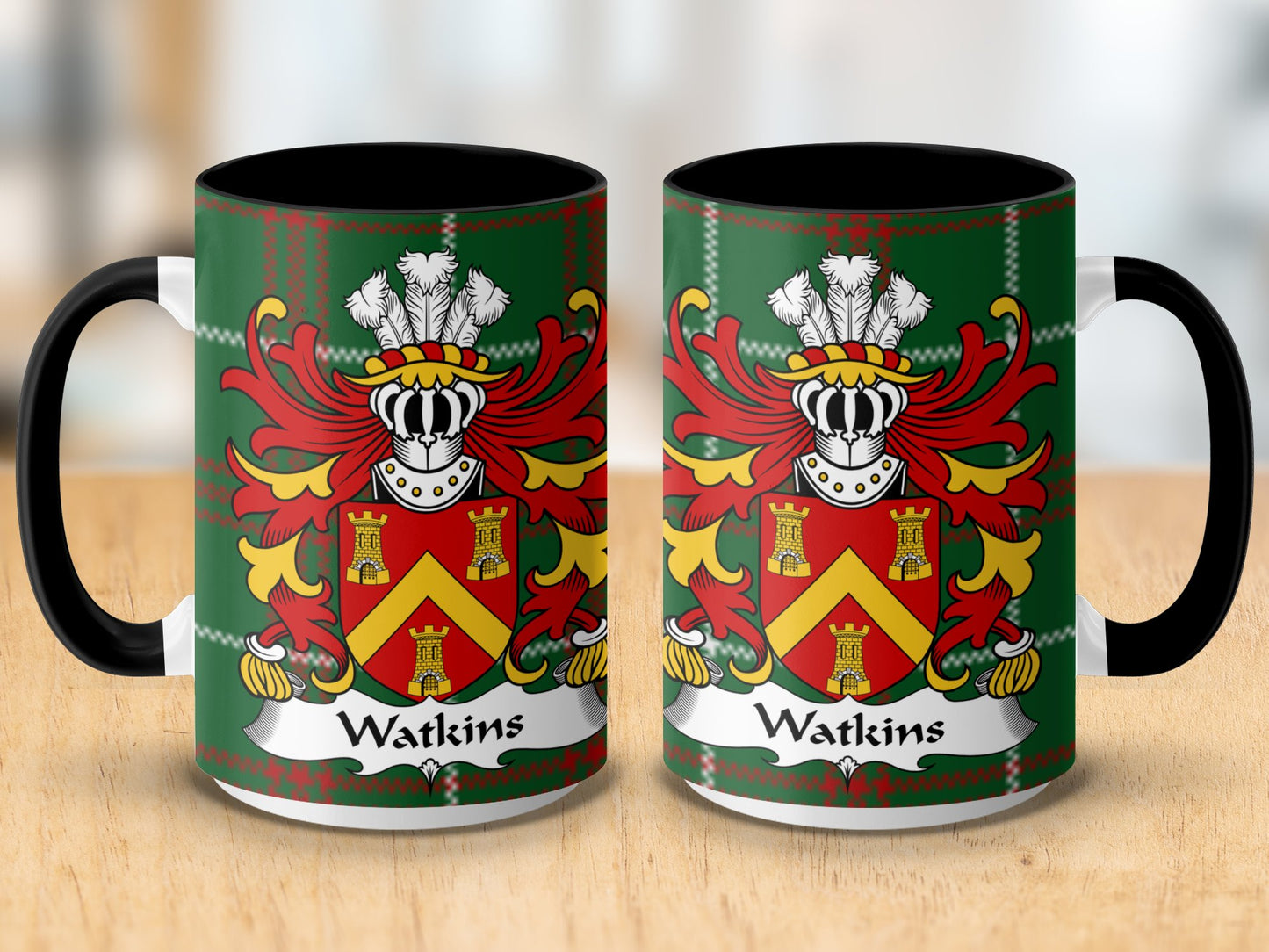 Watkins Coat of Arms on Welsh National Tartan Background Mug - Living Stone Gifts