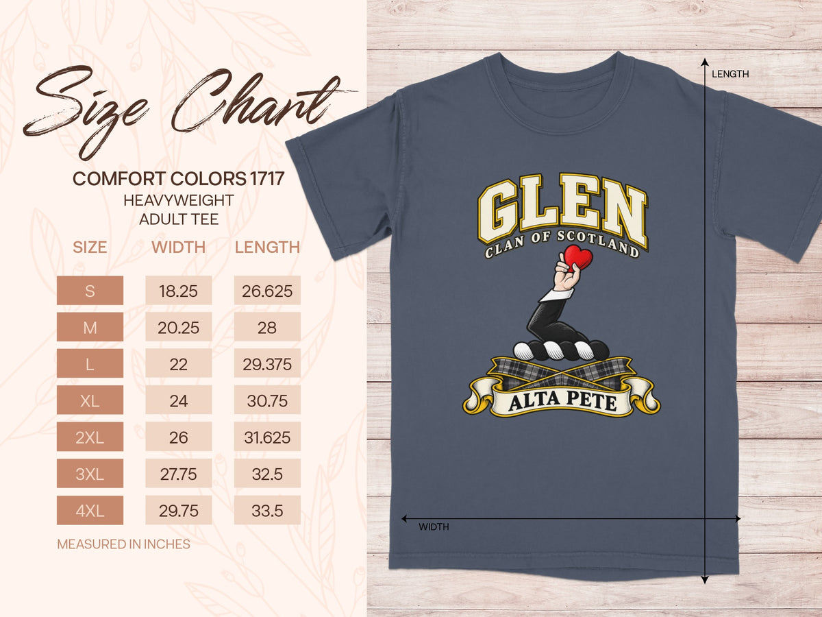Comfort Colors 1717 size chart for the Glen Scottish clan T-shirt, adult sizes S–4XL.
