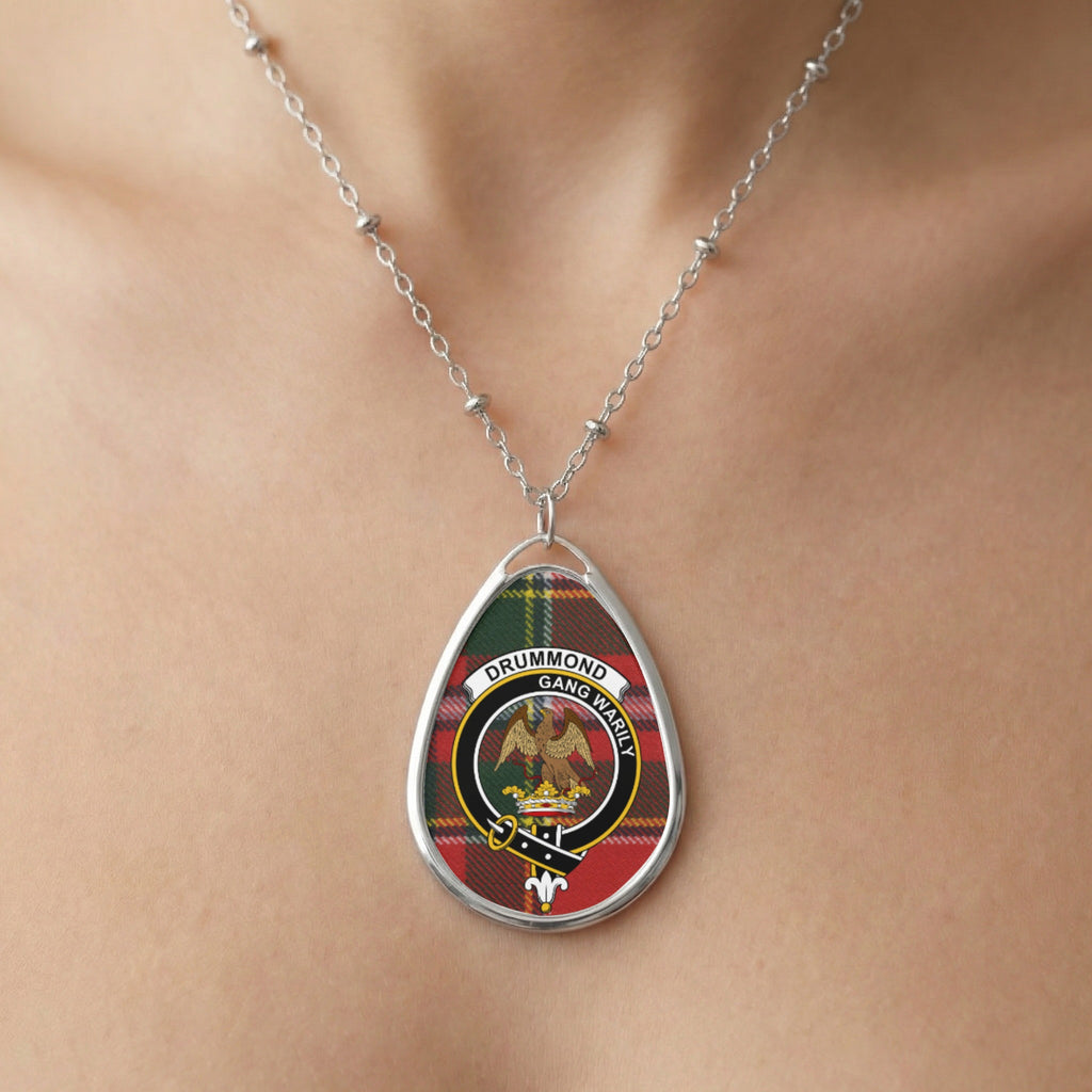 Close-up of Drummond clan tartan pendant necklace with crest design