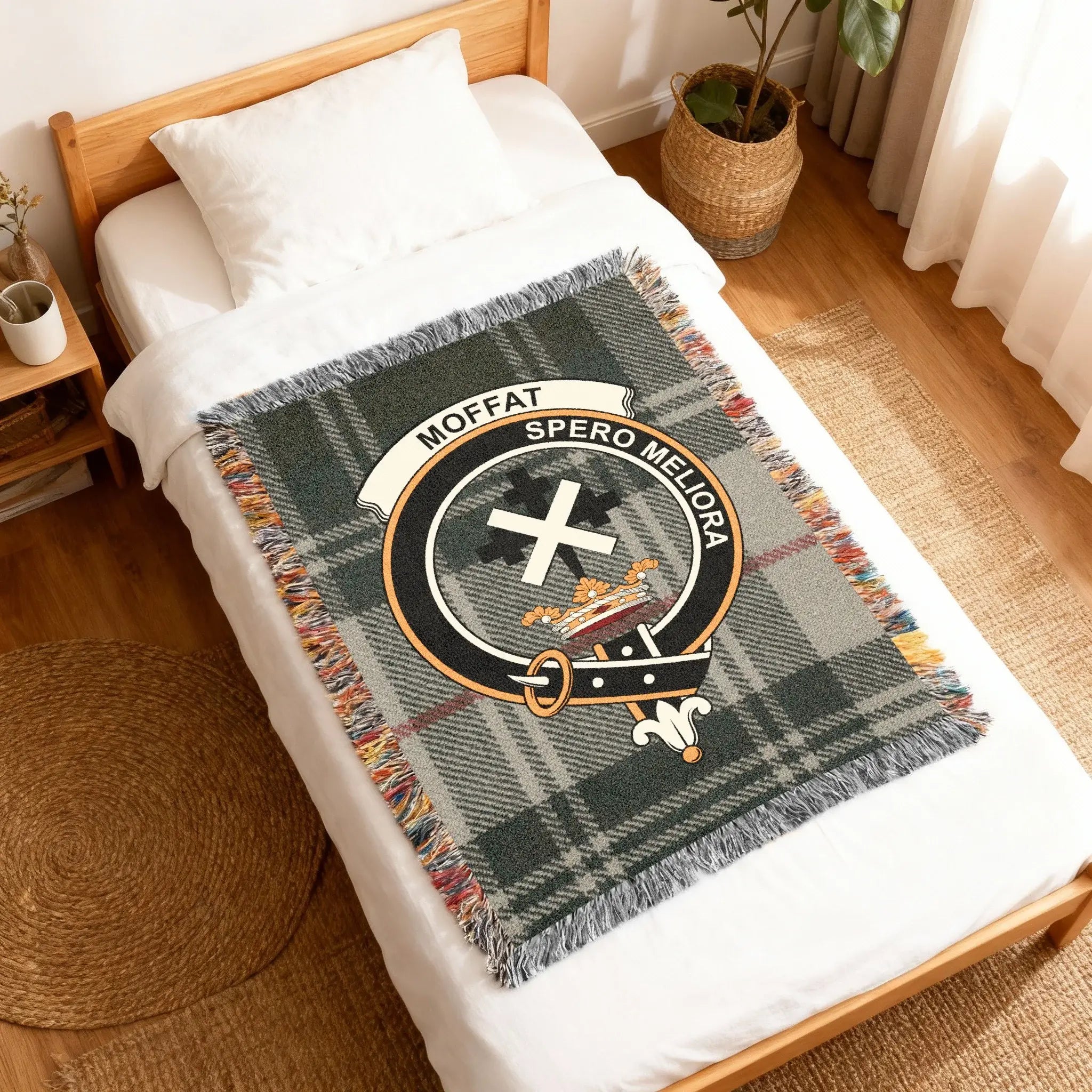 Moffat Spero Meliora fringed woven blanket — full-length view with tartan crest detail