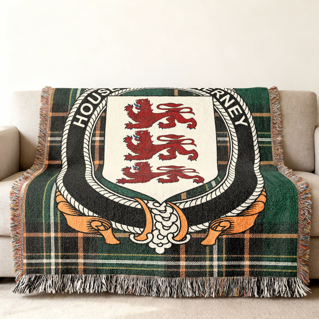 MacInerney Irish National Tartan woven blanket displayed on a sofa