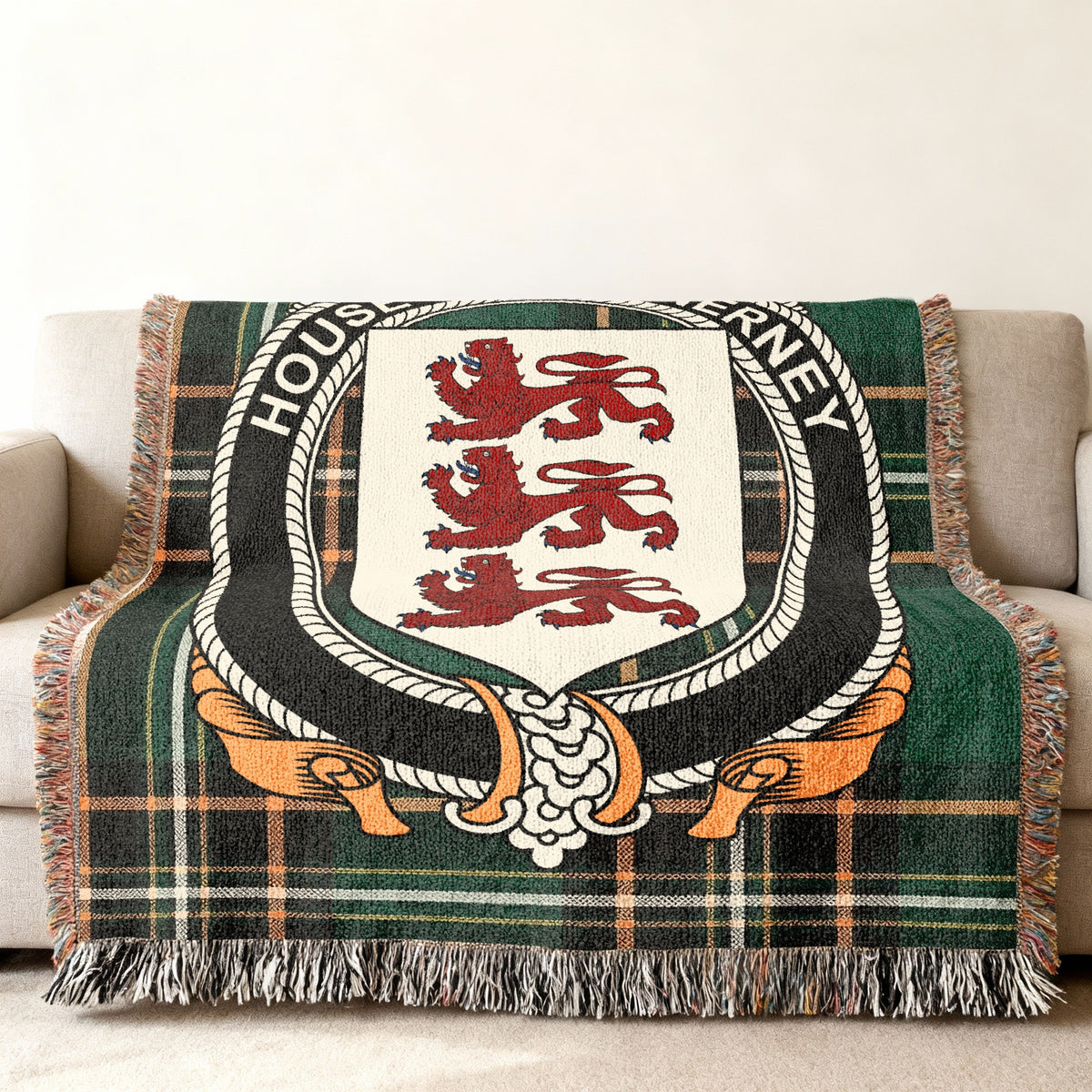 MacInerney Irish National Tartan woven blanket displayed on a sofa