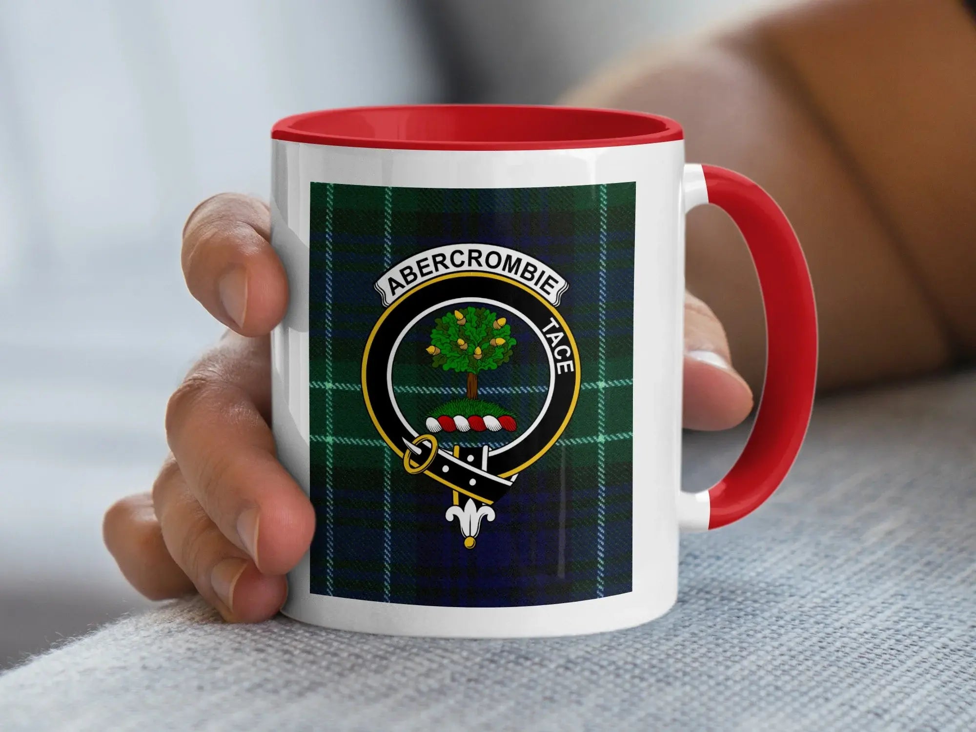 Clan Abercrombie tace family crest plaid design mug — 11oz ceramic with black handle