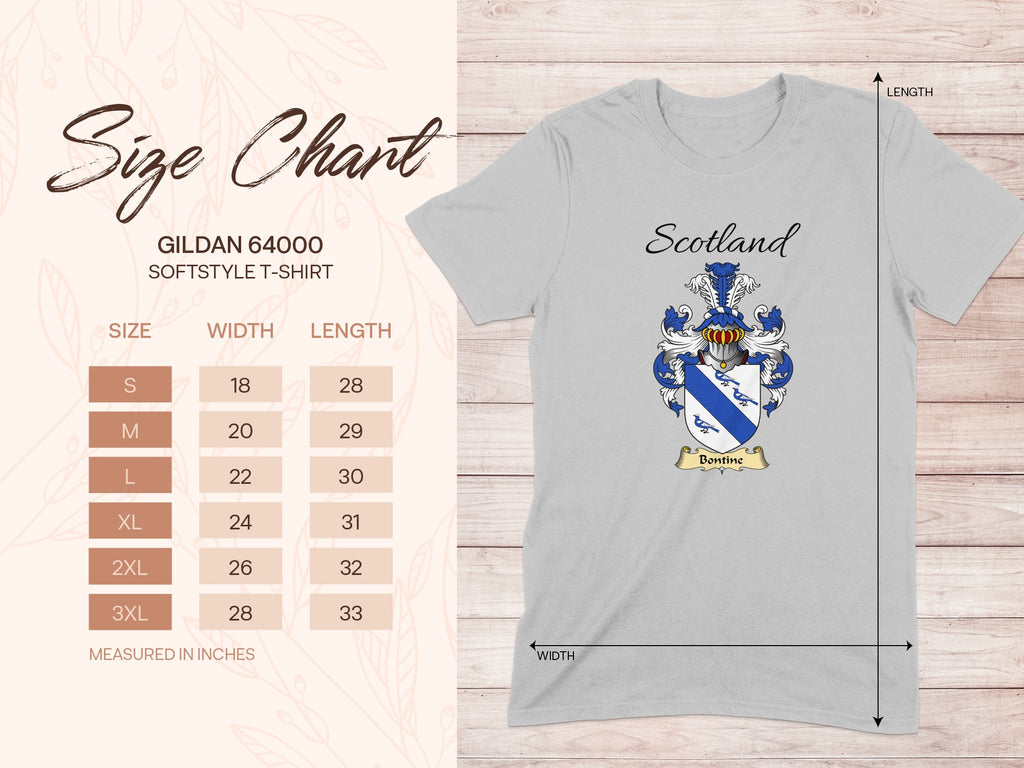 Gildan 64000 size chart for the Bontine unisex T-shirt, sizes S to 3XL