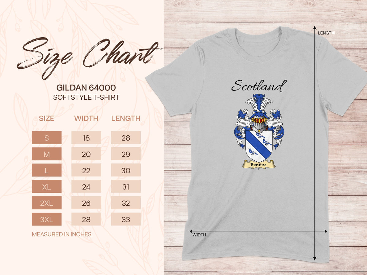 Gildan 64000 size chart for the Bontine unisex T-shirt, sizes S to 3XL