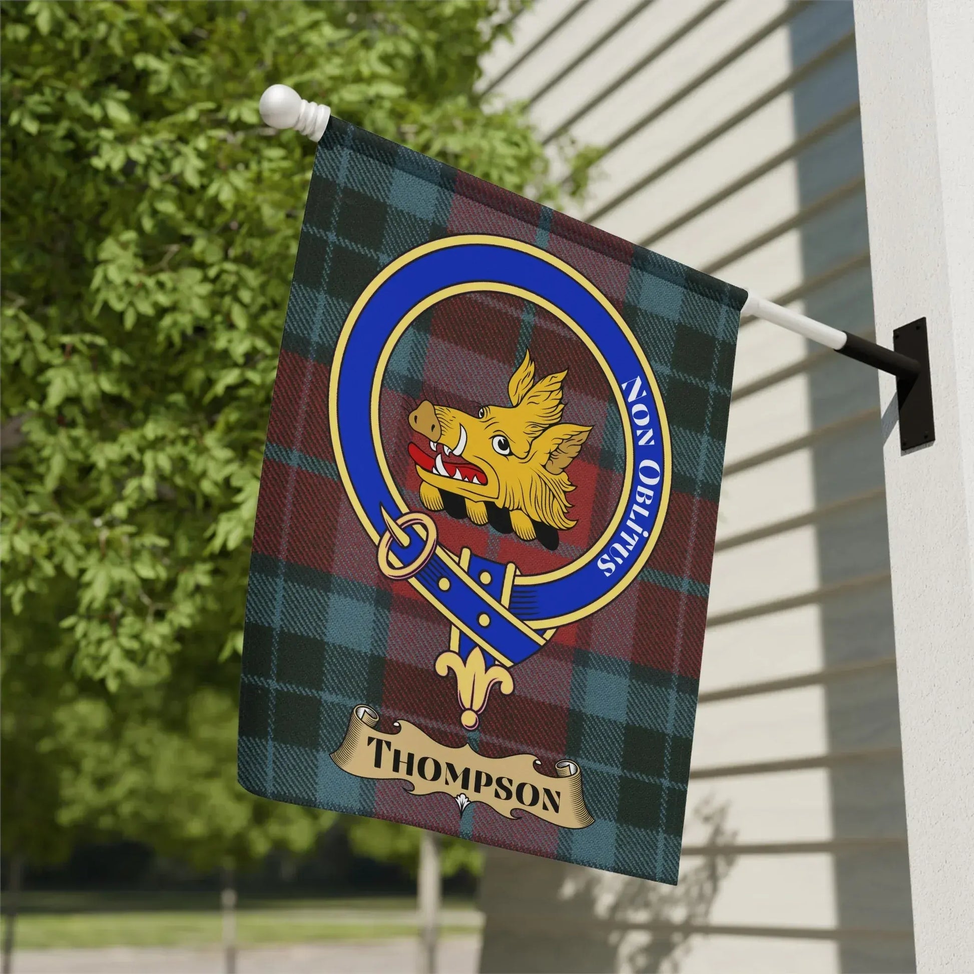 Thompson Family Crest Plaid Background Flag product