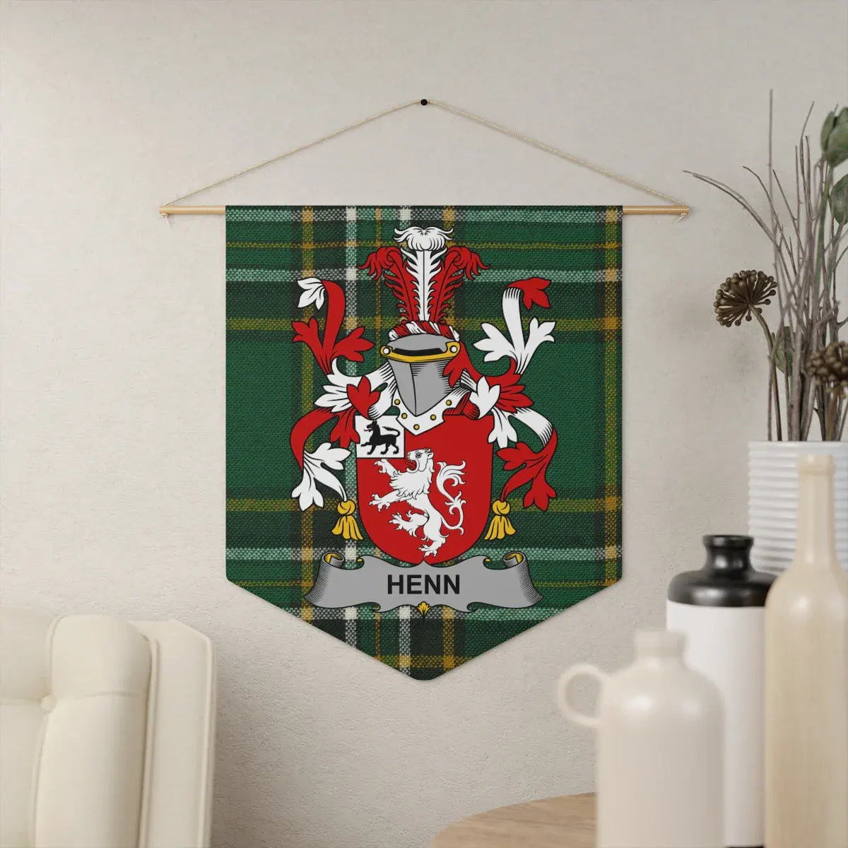 Henn Family Crest with Tartan Background Wall Art product