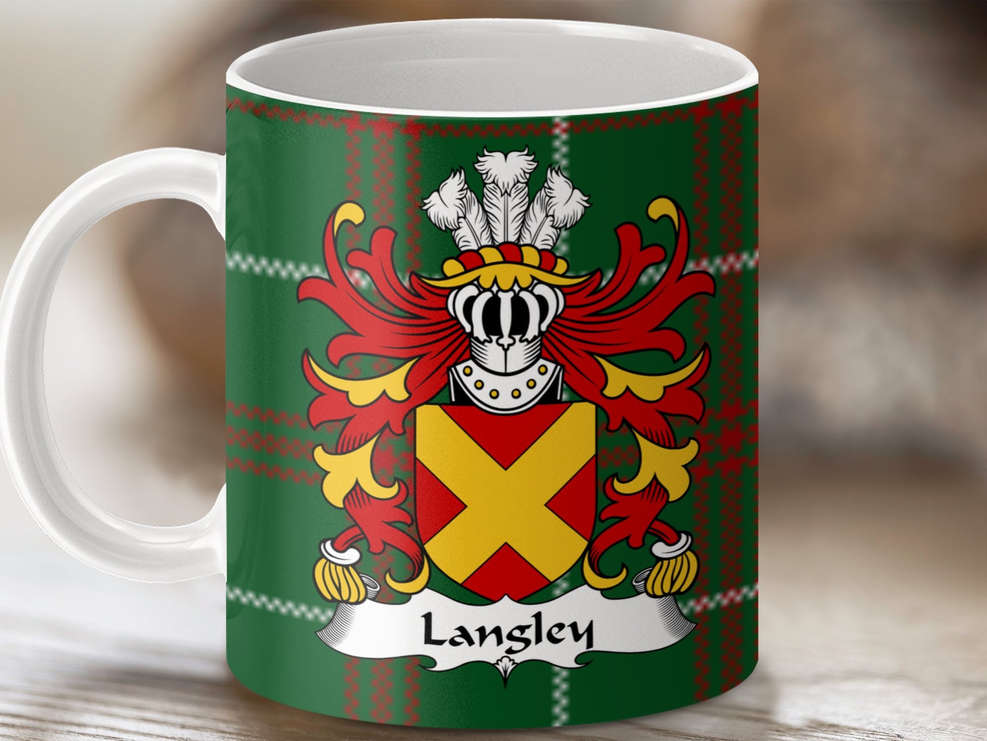 Langley Family Crest on Welsh Tartan Background Mug - Living Stone Gifts