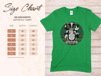 Beresford Family Crest Irish Tartan Background T-Shirt - Living Stone Gifts