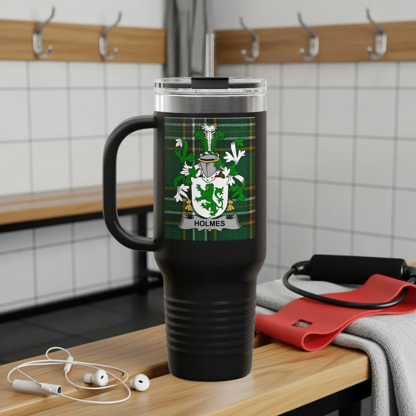 Holmes Family Crest Green Tartan Travel Mug product