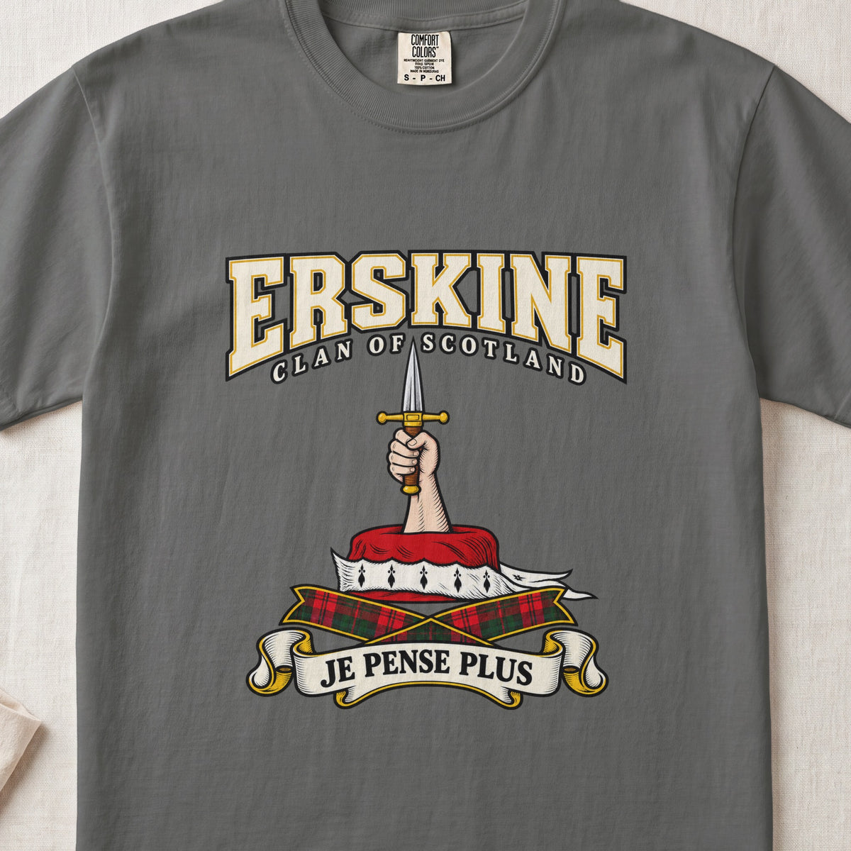 Erskine Scottish clan graphic T-shirt in Pepper, front view