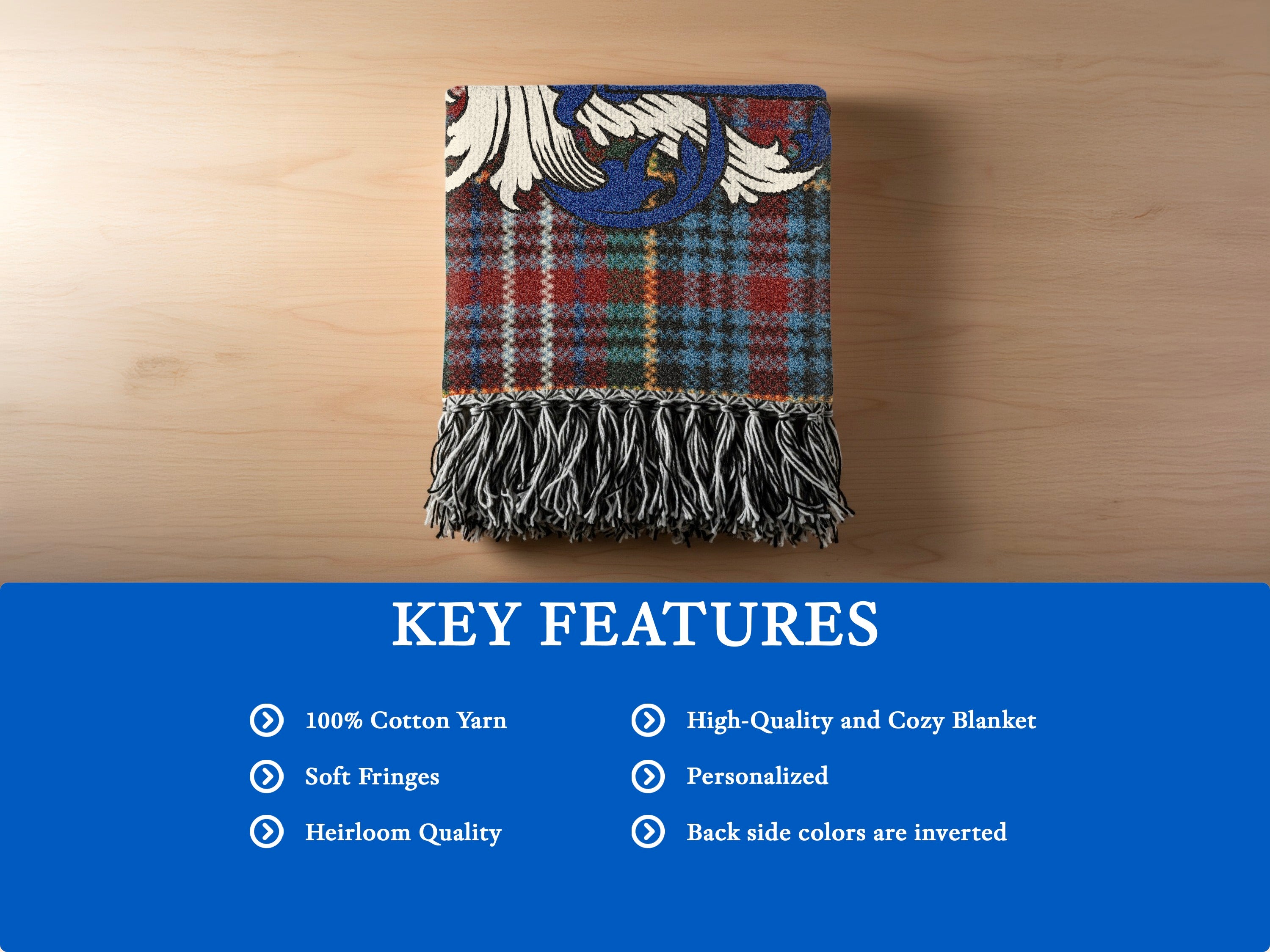 Features of the Alan Scottish woven blanket in 100% premium cotton yarn